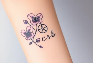 Violets, peace symbol, Pisces symbol, dog prints, amethyst, initials csb in cursive font tattoo idea