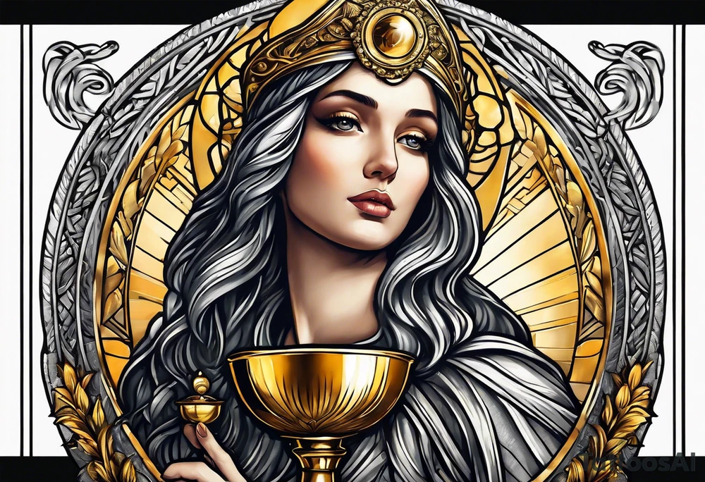 woman saint holding chalice surrounded by golden halo portrait tattoo idea
