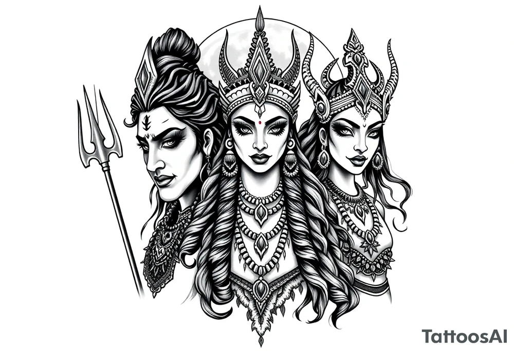 Lord Shiva, Godess Kali, Godess Lilith Together with the moon in the background tattoo idea