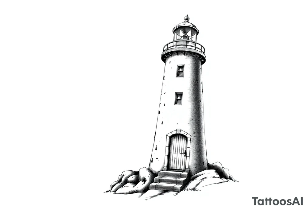 Lighthouse with rays of light with a few windows and an old door tattoo idea