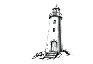 Lighthouse with rays of light with a few windows and an old door tattoo idea