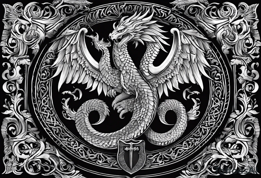 A majestic, winged serpent coiled around a shield and sword, with the verse inscription woven into the design. tattoo idea