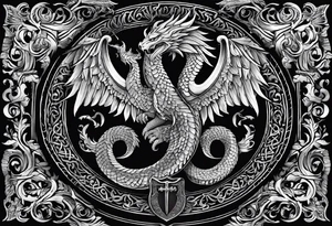 A majestic, winged serpent coiled around a shield and sword, with the verse inscription woven into the design. tattoo idea