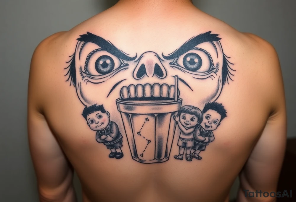 powerful faces with huge eyes and mouth with foamy mouth with a garbage pail kids around tattoo idea