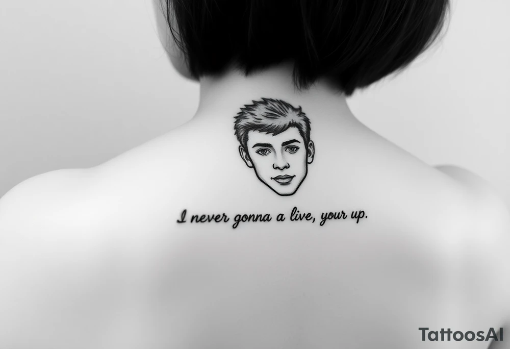Young Rick Astley Face and Never Gonna Give You Up text tattoo idea