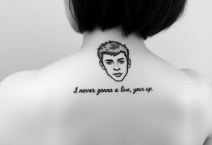 Young Rick Astley Face and Never Gonna Give You Up text tattoo idea