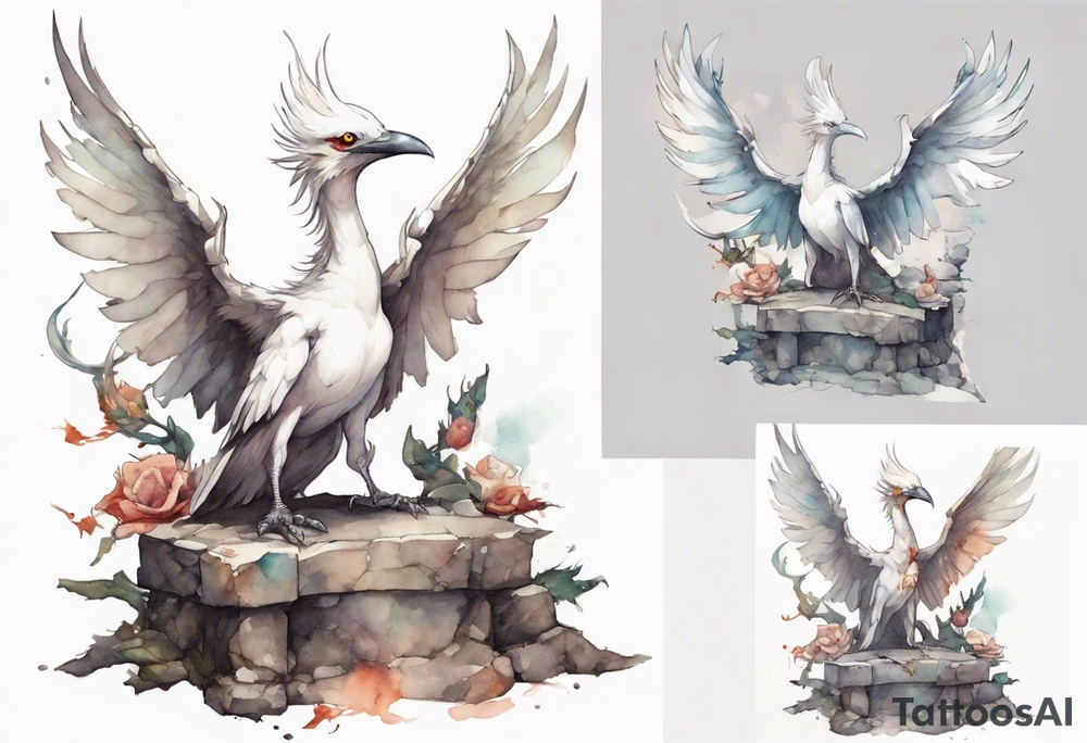 a white bird-wyvern hybrid wearing a plain iron bracelet around leg, perched on a stone throne tattoo idea