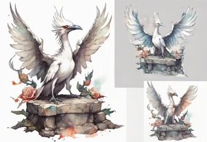 a white bird-wyvern hybrid wearing a plain iron bracelet around leg, perched on a stone throne tattoo idea