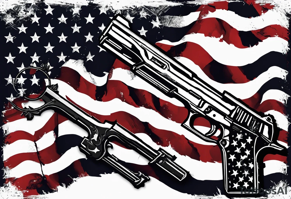 Distressed American flag behind a cross with 2 guns leaned on it simpler tattoo idea