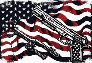 Distressed American flag behind a cross with 2 guns leaned on it simpler tattoo idea
