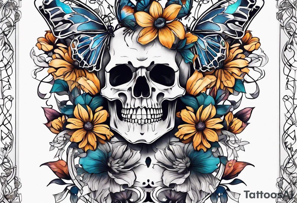 skeleton bones come alive flowers and butterflies tattoo idea