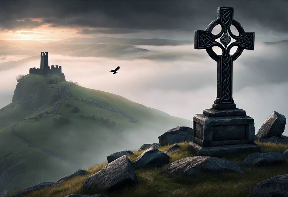 A stone Celtic cross solemnly standing atop a hill, a raven perches atop the cross staring out over the desolation. A ruined stone wall lies crumbling near the cross. Mist rolls along the hilltops adding to the melancholic nature of the scene tattoo idea