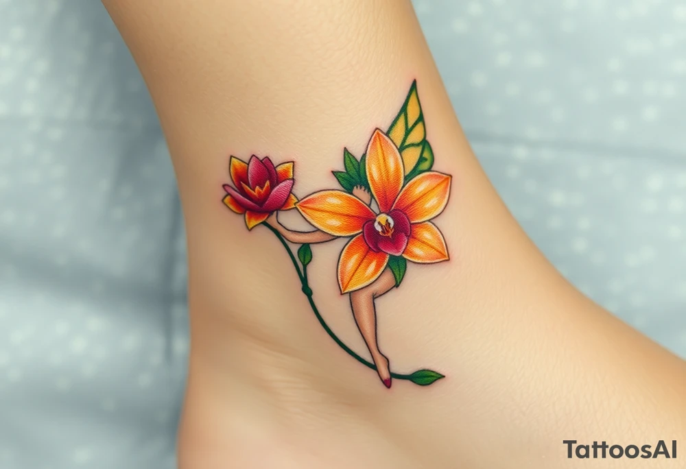 A fairy holding an orchid flower, with soft ocean-inspired colors blending into the design tattoo idea