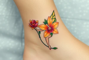 A fairy holding an orchid flower, with soft ocean-inspired colors blending into the design tattoo idea