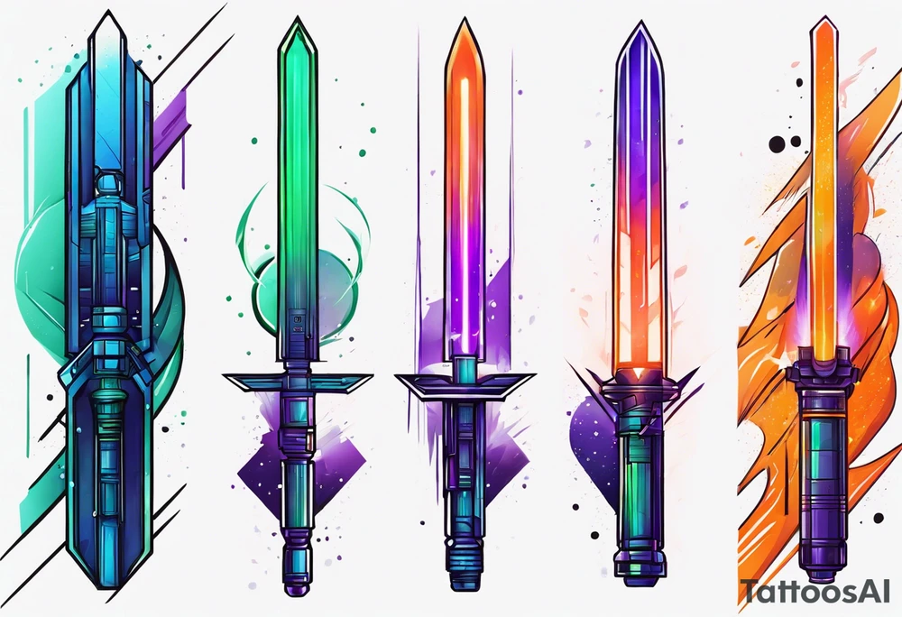 blue lightsaber, green lightsaber, orange lightsaber, purple lightsaber tattoo idea