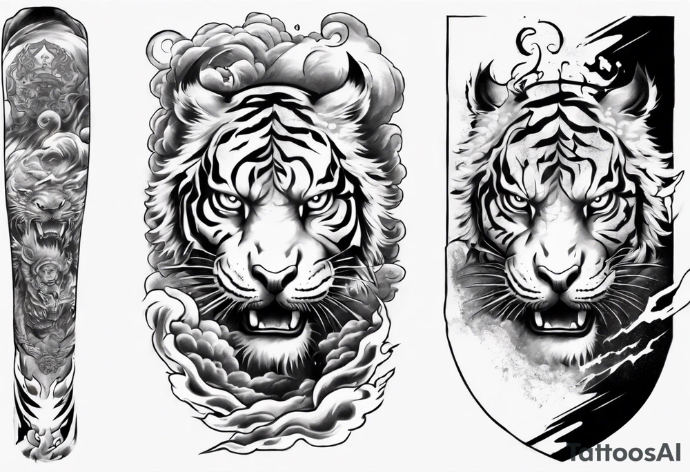 Tiger Warrior sleeve tattoo with lightning and the sun
Forearm sleeve tattoo idea