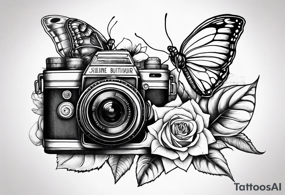 Butterfly, sunflower, camera, book, flower rose tattoo idea