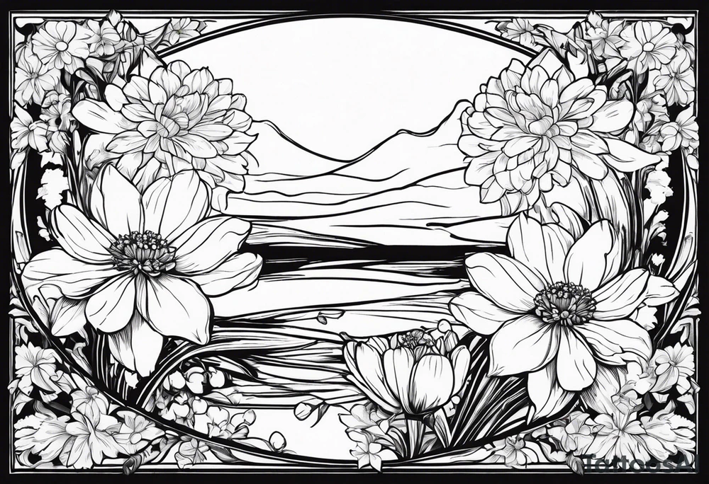 Narcissus, Chrysanthemum, Cosmos, snow drop flowers. For the back or an arm tattoo idea