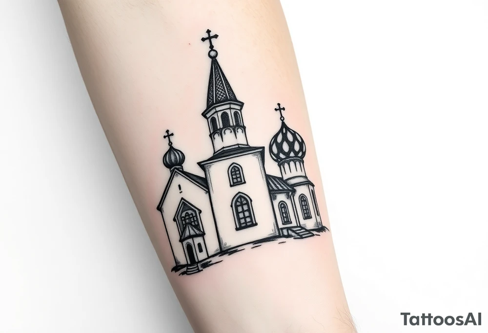 in a dorsal view a detailed medium sized country style russian orthodox church with onion domes and a band at the front with mist shrouding the top and fading into a virgin mary overlooking above at the top tattoo idea