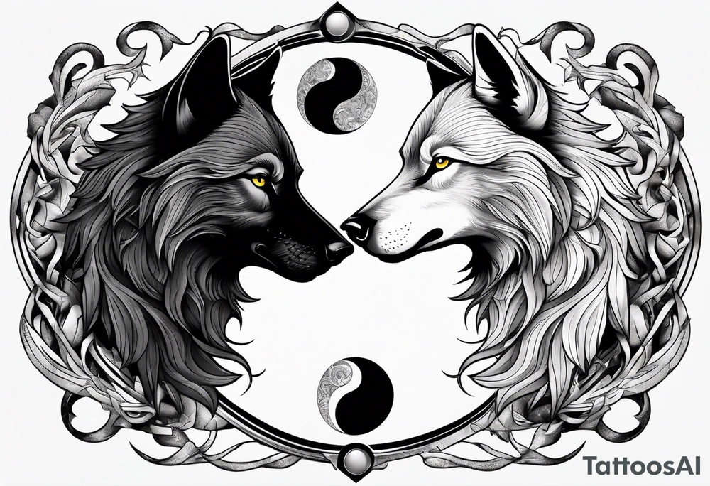 black wolf and white wolf in a ying yang style tattoo idea