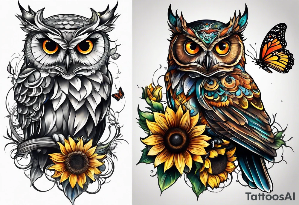 Small owl with butterfly and sunflower leg sleeve tattoo idea