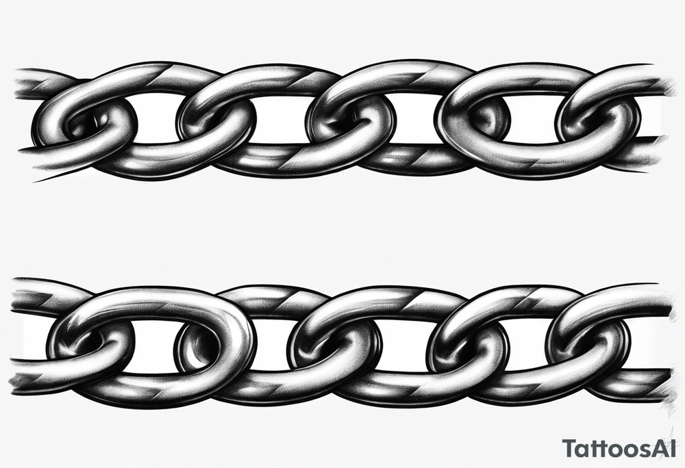 Create a tattoo sketch in a realistic style, depicting a straight chain lying horizontally on a white background. The chain links should be identical in size, evenly spaced, and perfectly aligned from a top-down view. Focus on capturing the metallic texture, reflections, shadows, and signs of wear on each link for a lifelike effect. tattoo idea