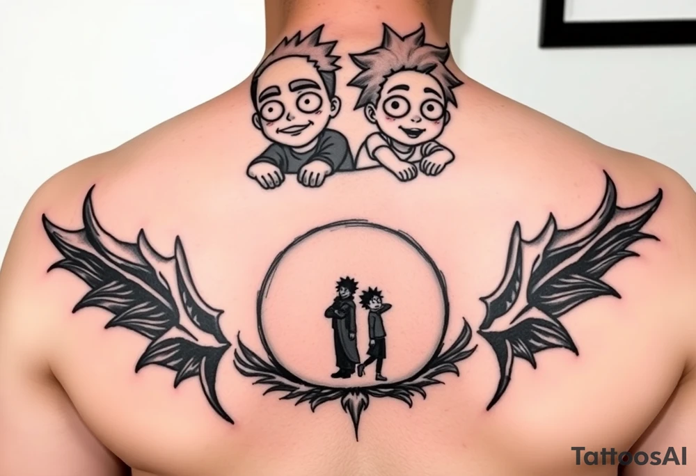 Boondocks Riley Freeman and Huey Freeman on top. in the middle itachi sharingan with one eye having Rick and Morty walking out of it, tattoo idea