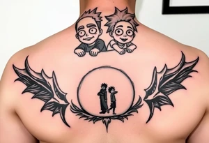 Boondocks Riley Freeman and Huey Freeman on top. in the middle itachi sharingan with one eye having Rick and Morty walking out of it, tattoo idea