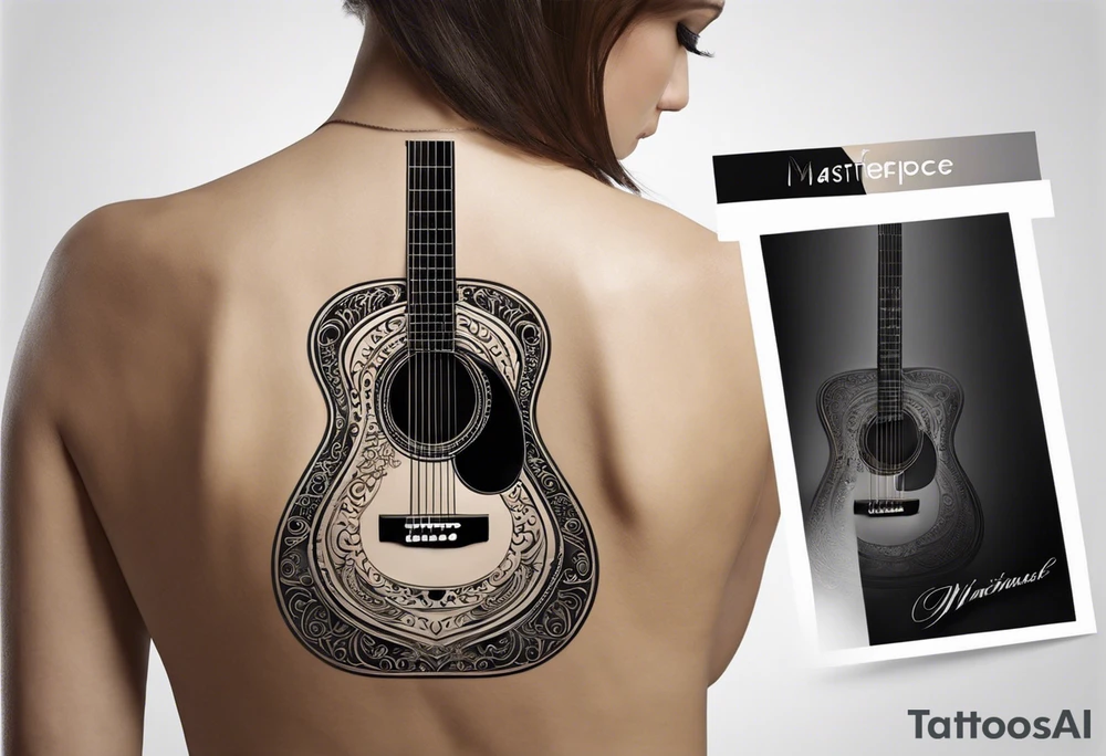 A minimalist guitar design, small in size, with clean lines and vintage detailing. The guitar represents a deep connection to music, with a classic, understated design that captures its essence without embellishments. tattoo idea