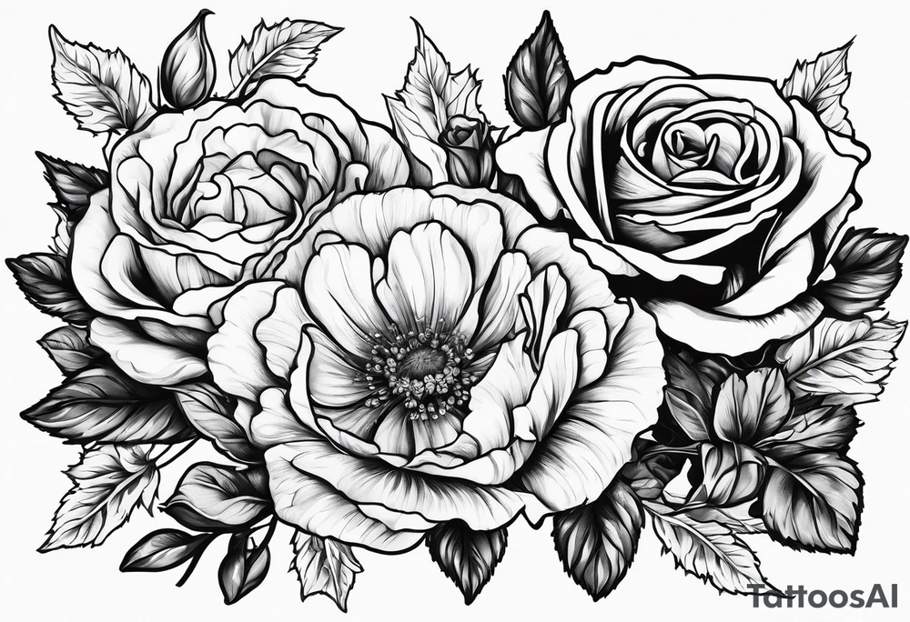 stem of roses, larkspur, carnation, and daisy tattoo idea