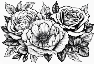 stem of roses, larkspur, carnation, and daisy tattoo idea