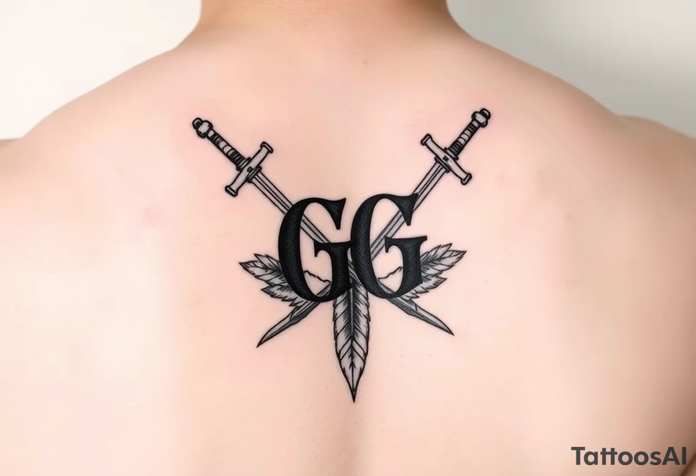 Initials GG with swords feather tattoo idea