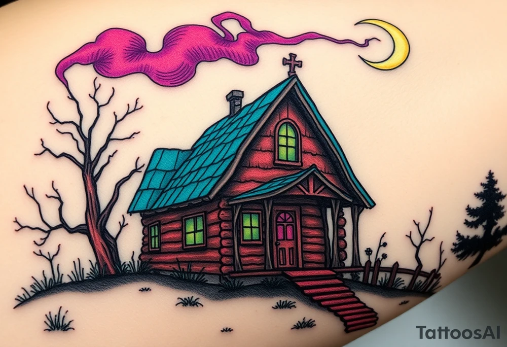 Tim Burton’s haunted pastel wood cabin home is abandoned and dripping with muted reds, dusty pinks, and eerie green glow.purple and cyan smokey clouds swirl in the crescent moonlit sky thats sprinkled with stars tattoo idea tattoo idea