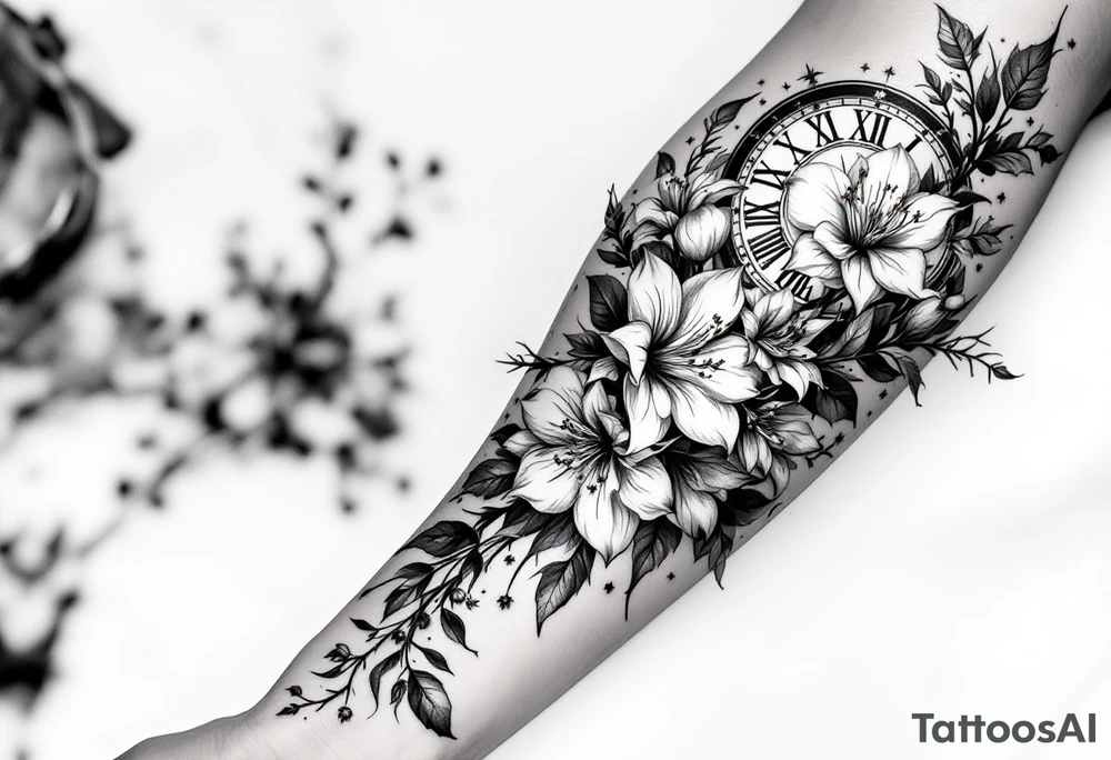 1 black band with roman numerals circuling near elbow and 1 black band lower forearm, both with roman numerals in them. between the black bands fill the space with narcissus flowers and holly tattoo idea