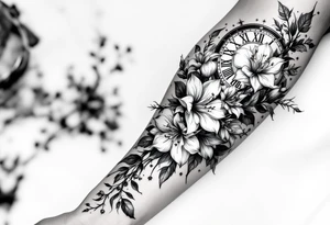 1 black band with roman numerals circuling near elbow and 1 black band lower forearm, both with roman numerals in them. between the black bands fill the space with narcissus flowers and holly tattoo idea