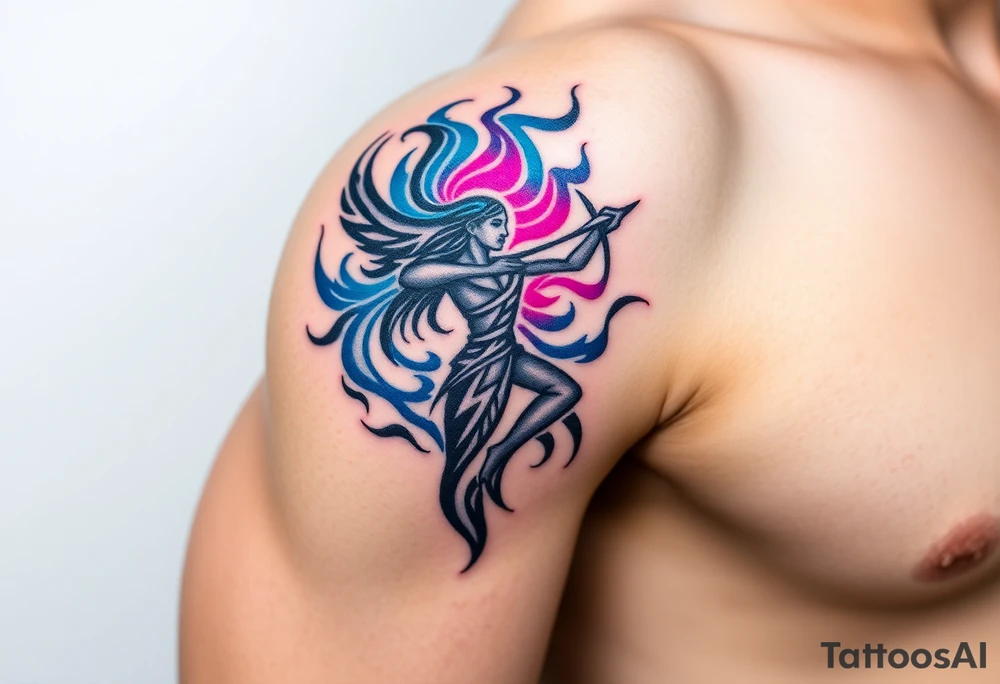 A Sagittarius figure engulfed in swirling cosmic energy, blending neon blue, purple, and magenta tones tattoo idea