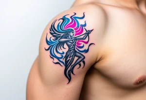 A Sagittarius figure engulfed in swirling cosmic energy, blending neon blue, purple, and magenta tones tattoo idea