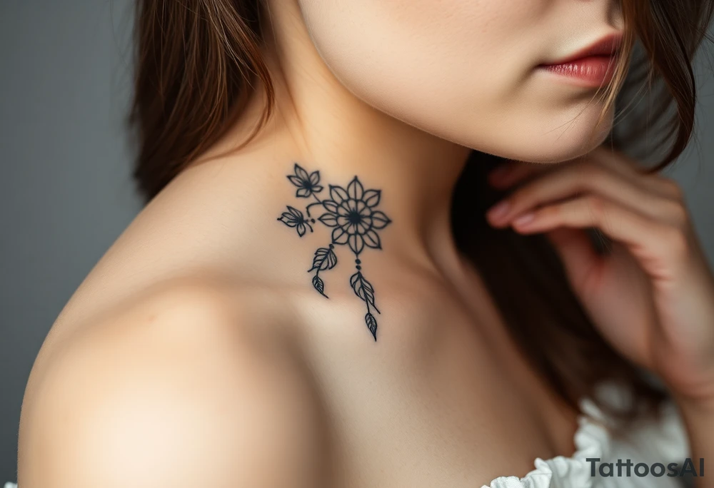 Feminine fine line flowers with a dream catcher tattoo idea