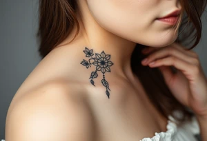 Feminine fine line flowers with a dream catcher tattoo idea