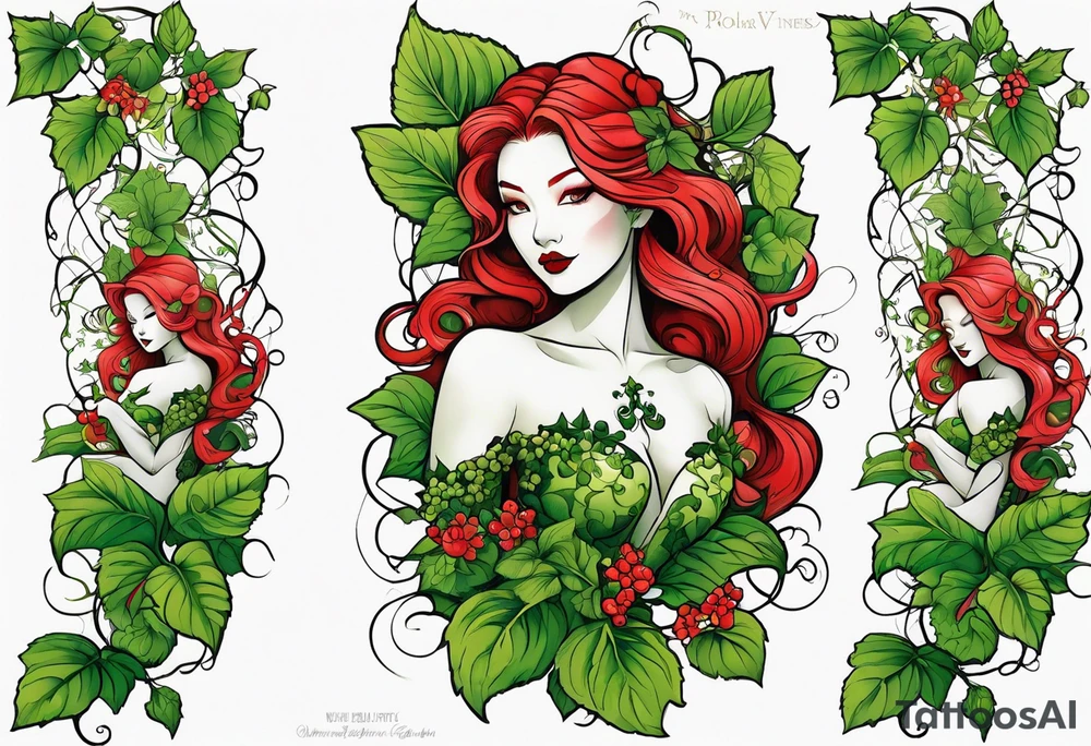 Poison ivy vines with red a green coloration to wrap around leg and hips tattoo idea
