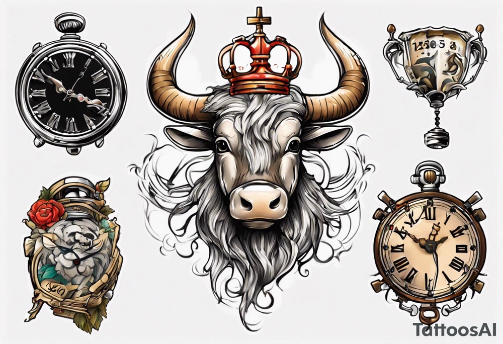 Ballon de foot avec le numéro23 ,  une horloge avec une couronne,  le tout avec au fond un taureau tattoo idea