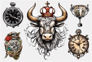 Ballon de foot avec le numéro23 ,  une horloge avec une couronne,  le tout avec au fond un taureau tattoo idea