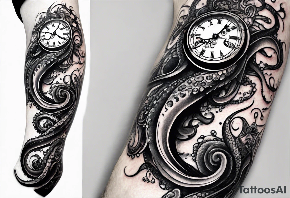 to be drawn in the arm, pocket watch wrapped under an aggressive octopus in side view tattoo idea