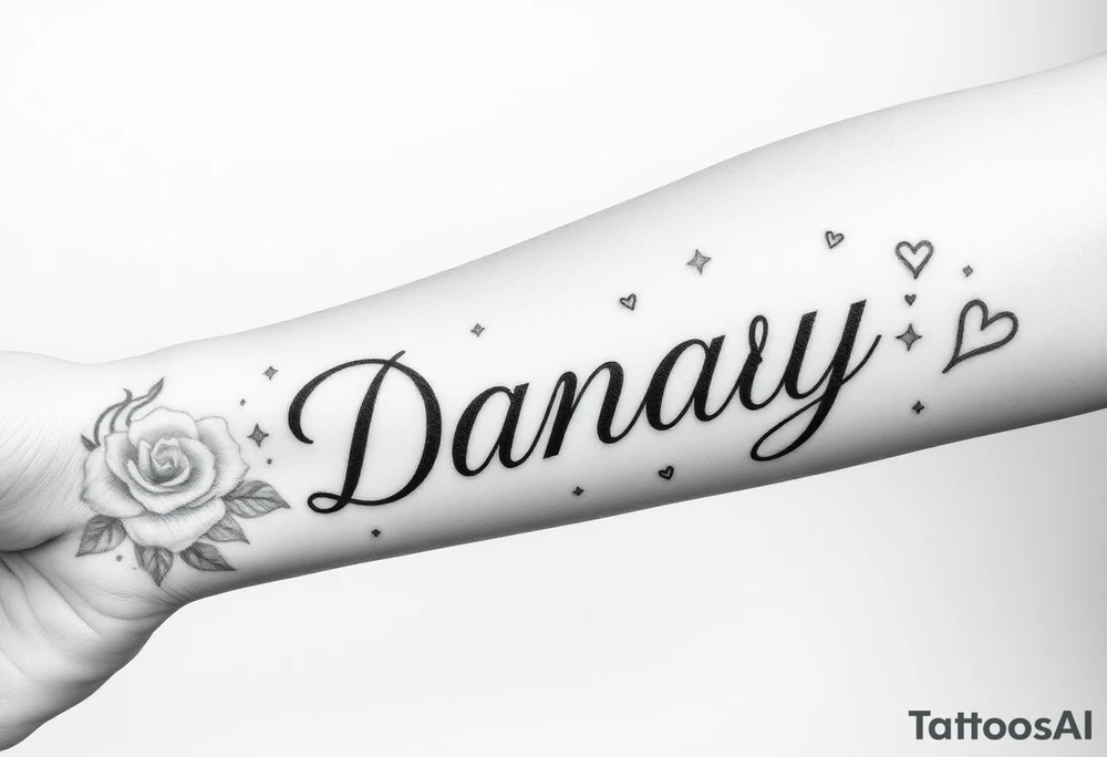the name Danay, with a background with roses,hearts,sparkles, and other cool stuff that fills up the whole forearm tattoo idea
