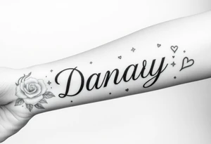 the name Danay, with a background with roses,hearts,sparkles, and other cool stuff that fills up the whole forearm tattoo idea