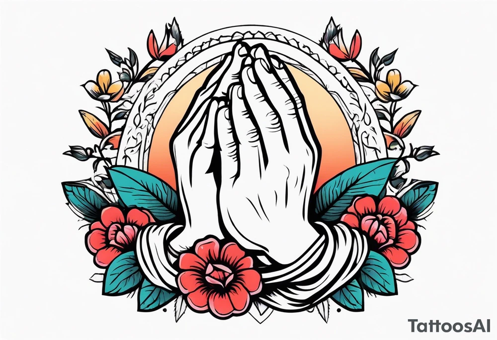 praying hands

old school vintage simple traditional design with vintage flowers surrounding
bold color simple tattoo idea
