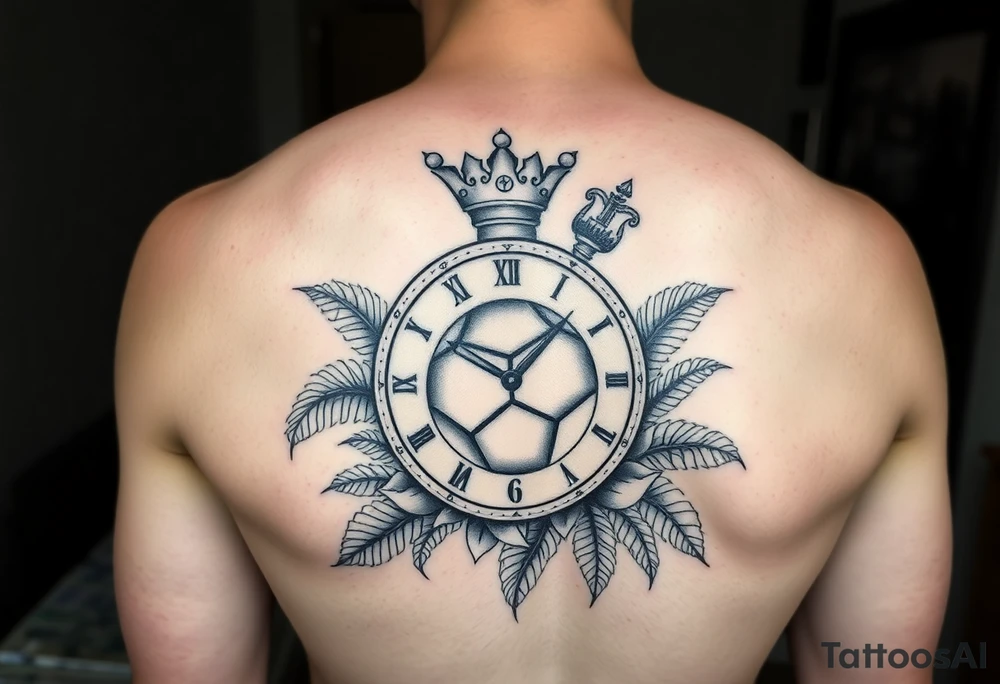 Hazme un tatuaje en el antebrazo que tenga un fondo de playa con palmeras le siga un reloj rompiéndose con un balón de fútbol con relieve con una corona y que encima del tatuaje ponga el tiempo De Dios es perfecto con una fuente en cursiva y negrita tattoo idea
