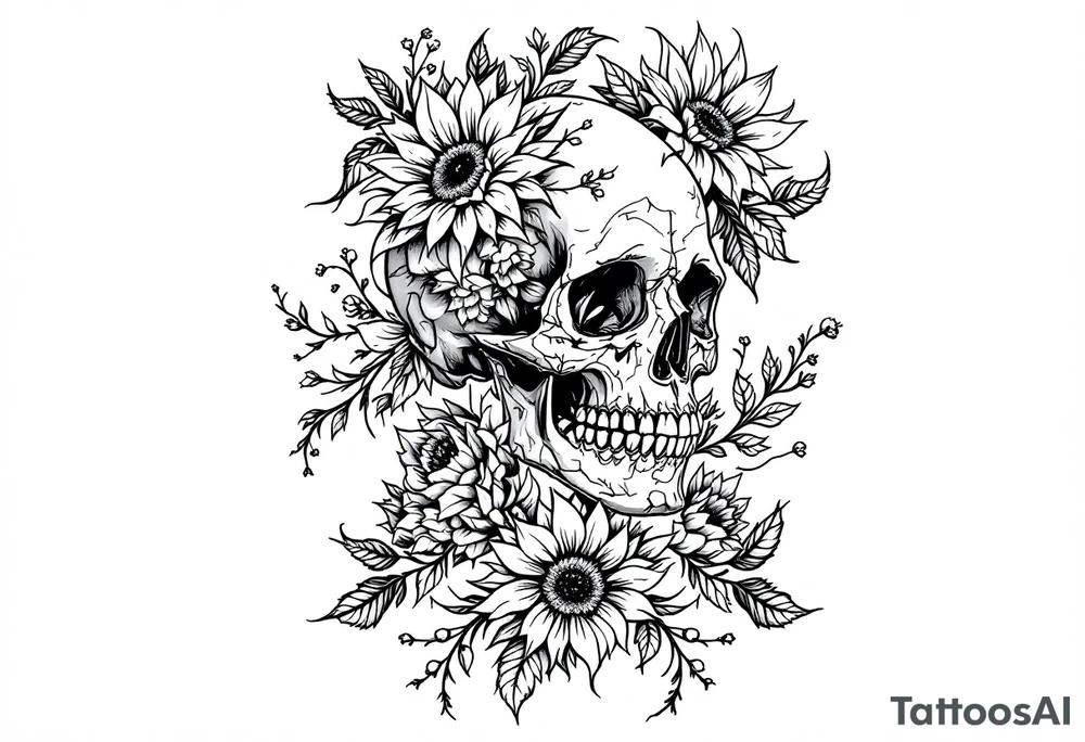 ornate skull adorned with wild roses and sunflowers tattoo idea