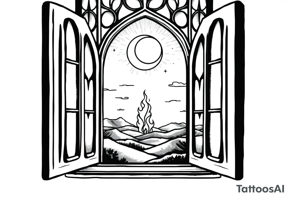 Tall church window with stained glass showcasing crescent moon over a hilly landscape as a fire burns in the distance tattoo idea