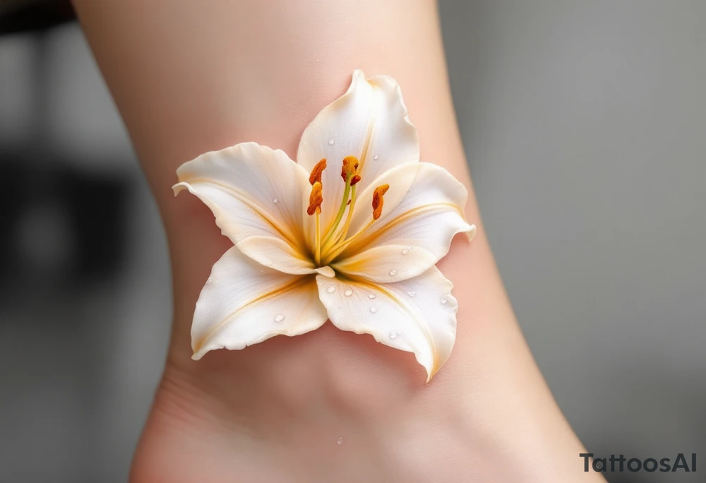 A beautifully detailed white lily with soft golden accents, its petals gracefully curving outward, revealing subtle hints of blush pink near the center. Tiny dew droplets rest on the petals, reflecting light for a realistic effect. tattoo idea